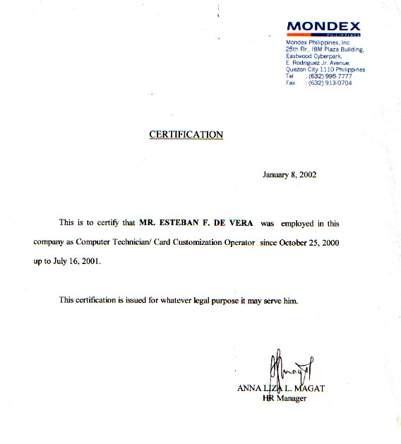 Certification Of Employment Letter from stevedevera.itgo.com